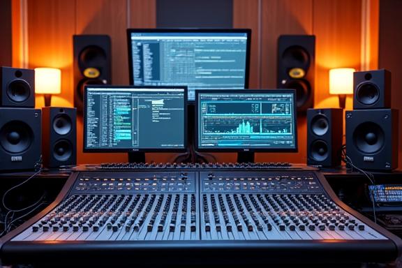 Modern music production studio with a mixing board and ambient lighting, showcasing a creative environment.